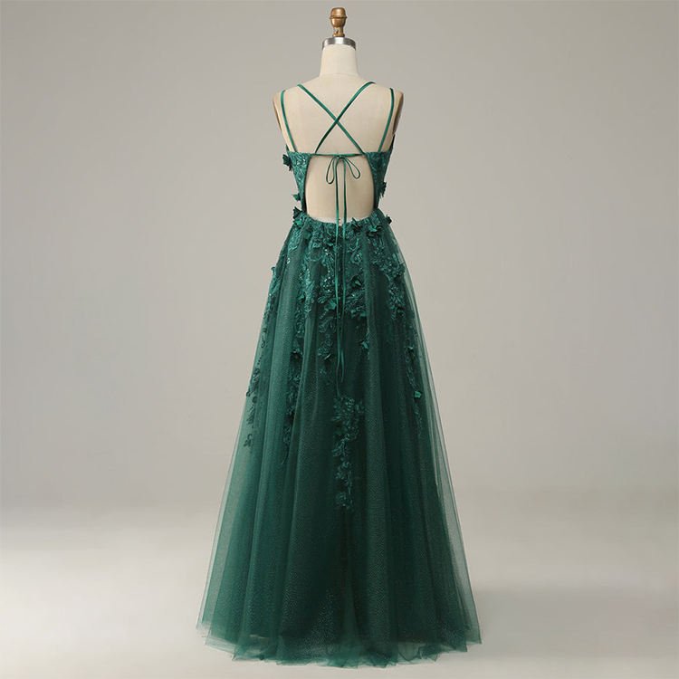 Dark Green A-Line Sequin Tulle Prom Dress – Sleeveless Cross-Back Gown