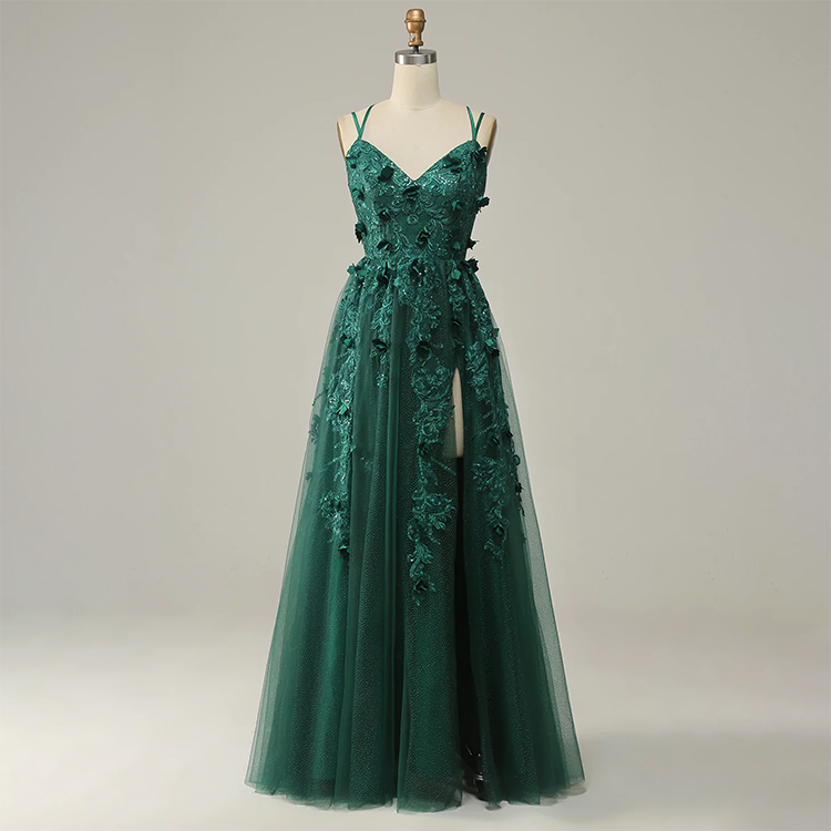 Dark Green A-Line Sequin Tulle Prom Dress – Sleeveless Cross-Back Gown