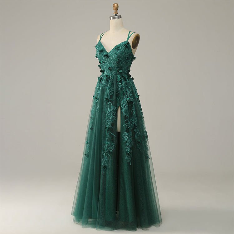 Dark Green A-Line Sequin Tulle Prom Dress – Sleeveless Cross-Back Gown