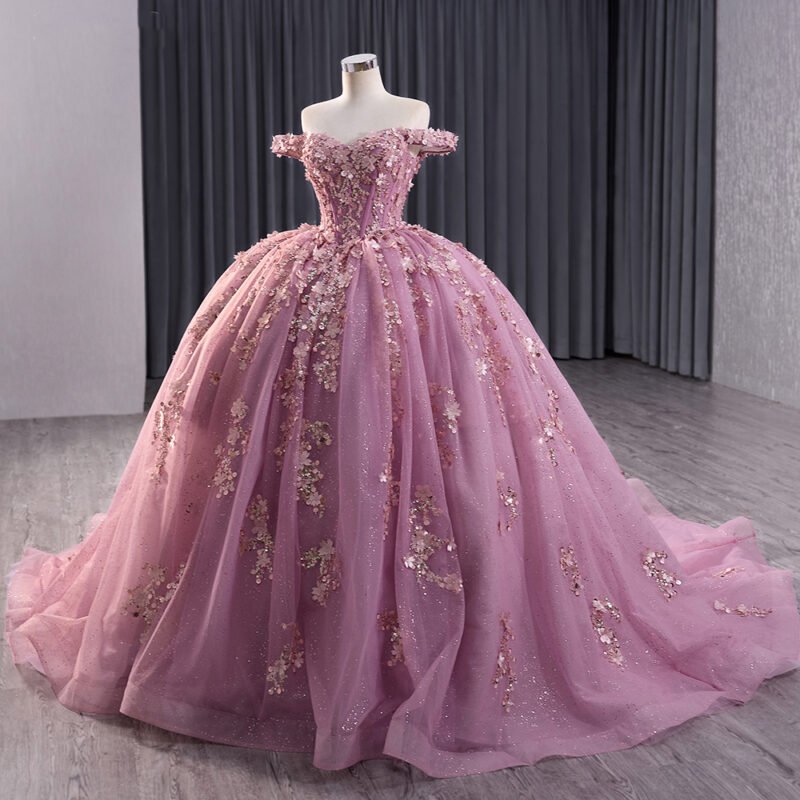 Glamorous Pink Off-Shoulder Appliqued Flower Quinceanera Dress