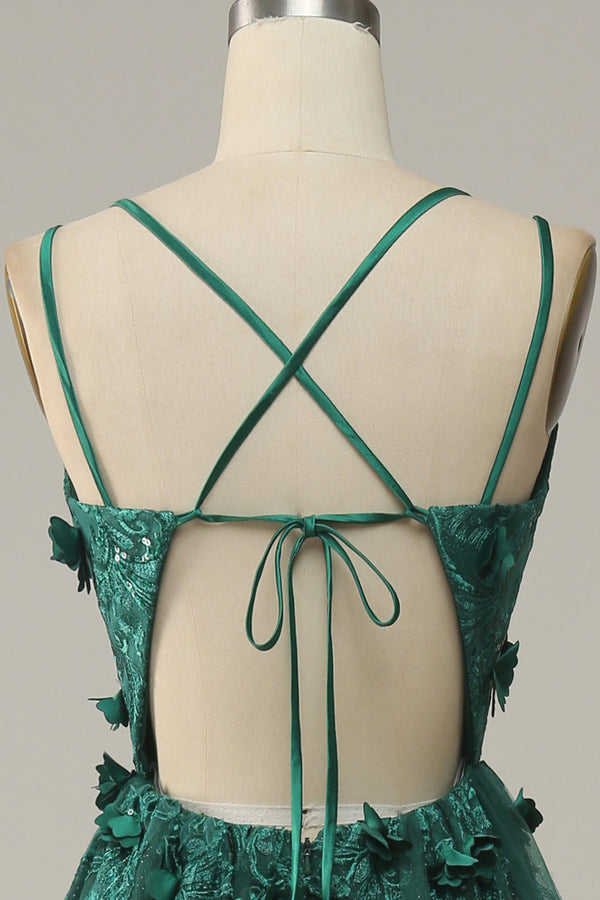 Dark Green A-Line Sequin Tulle Prom Dress – Sleeveless Cross-Back Gown