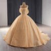 Gold Pearl Long Train Evening Ball Gown with Appliques