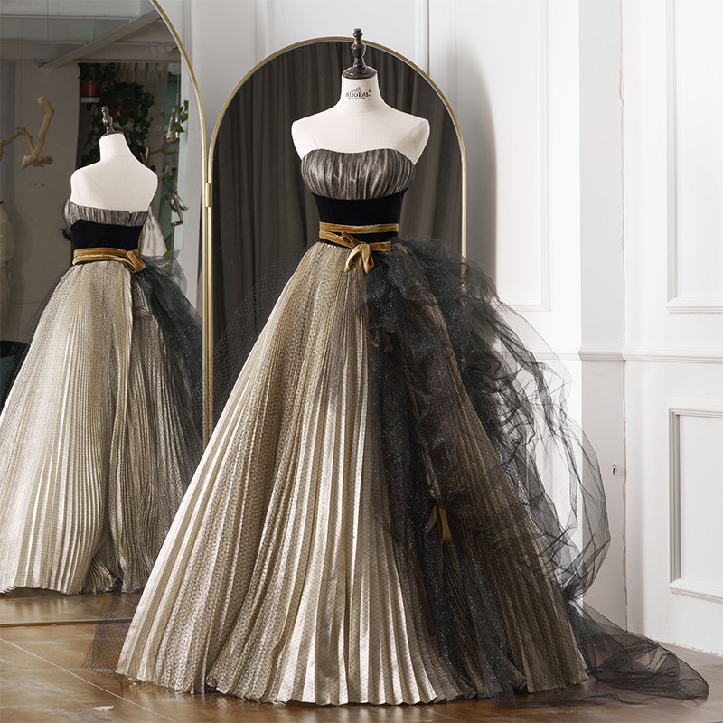 Luxury Black & Gold Strapless Ball Gown with Black Net