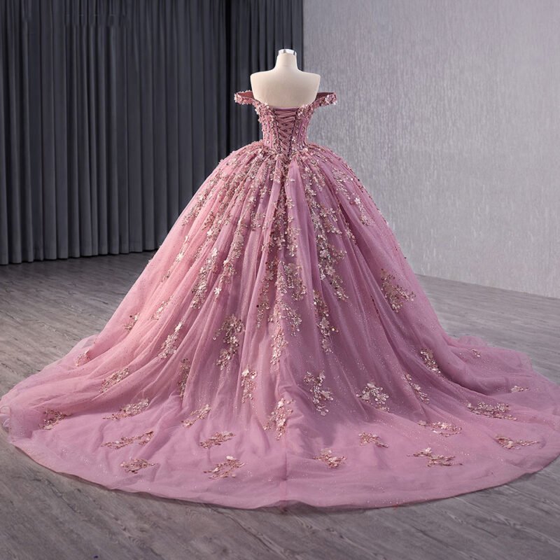 Glamorous Pink Off-Shoulder Appliqued Flower Quinceanera Dress