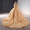 Gold Pearl Long Train Evening Ball Gown with Appliques