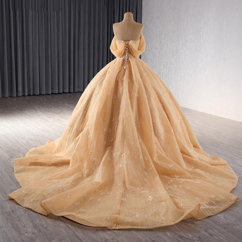 Gold Pearl Long Train Evening Ball Gown with Appliques