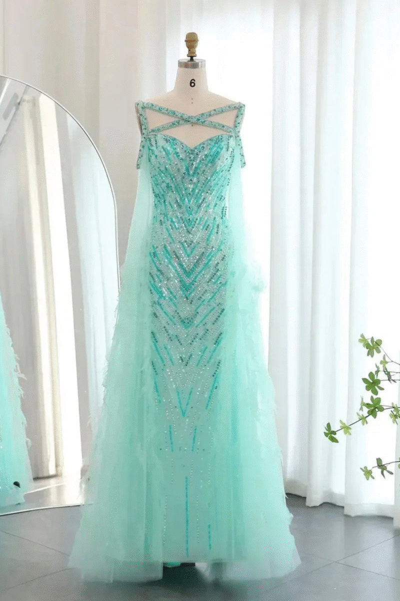 Luxury Turquoise Mermaid Evening Dress with Cape Sleeves