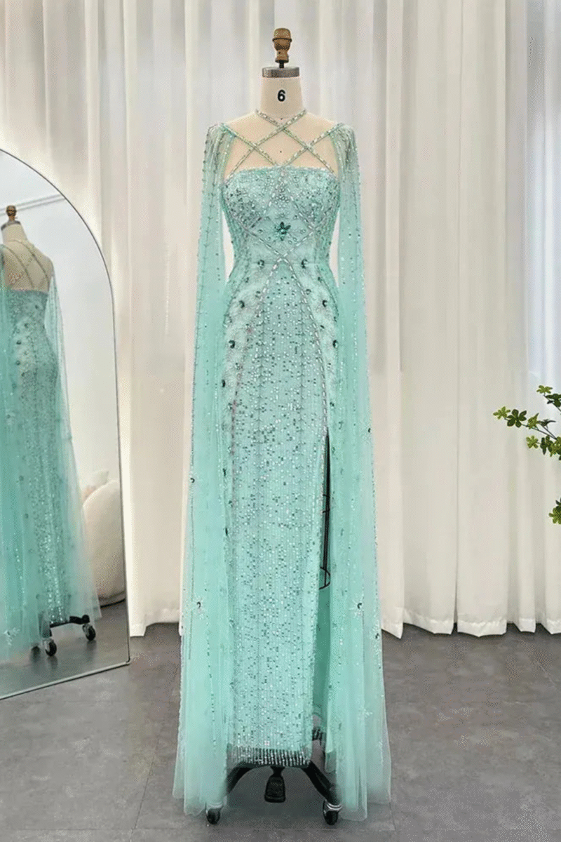 Elegant Luxury Mermaid Evening Dress in Aqua with Cape Sleeves