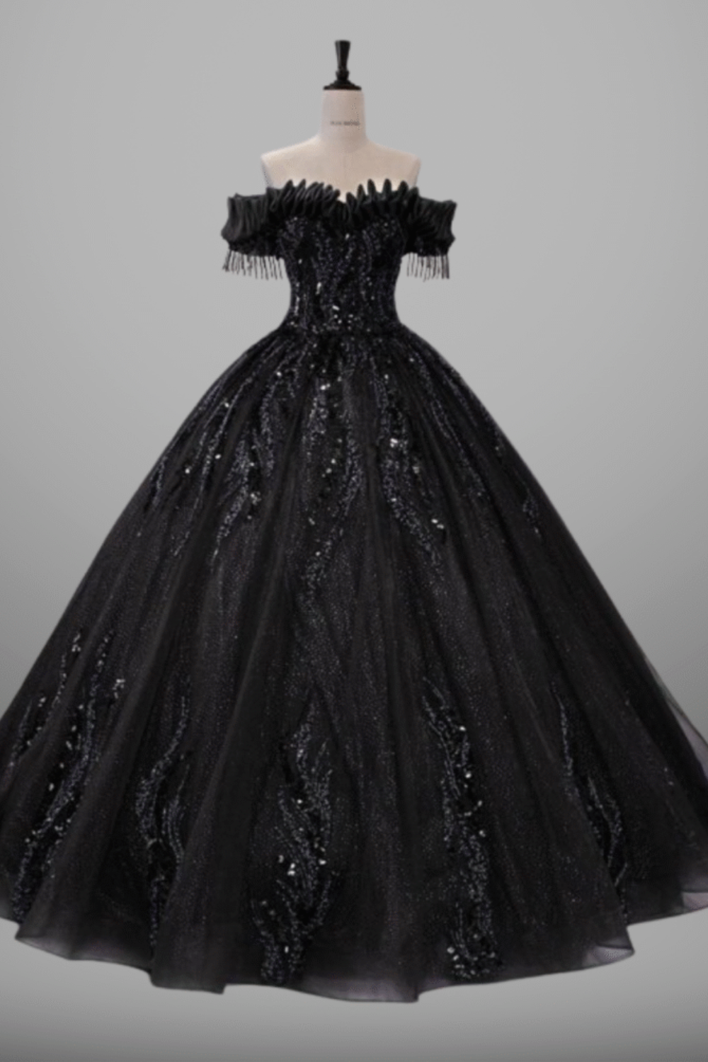 High-End Black Ball Gown Dress with Handmade Pearl Beading and Sequins