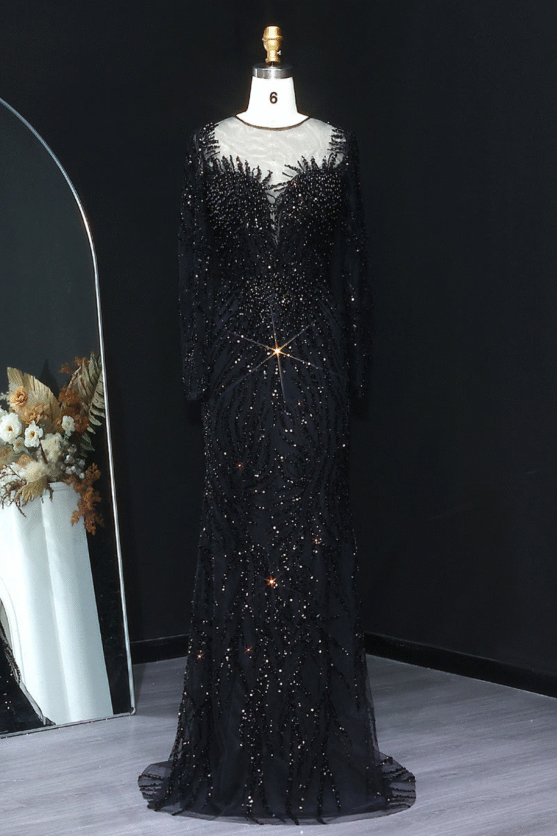Black Luxury Mermaid Long Sleeve Evening Dress