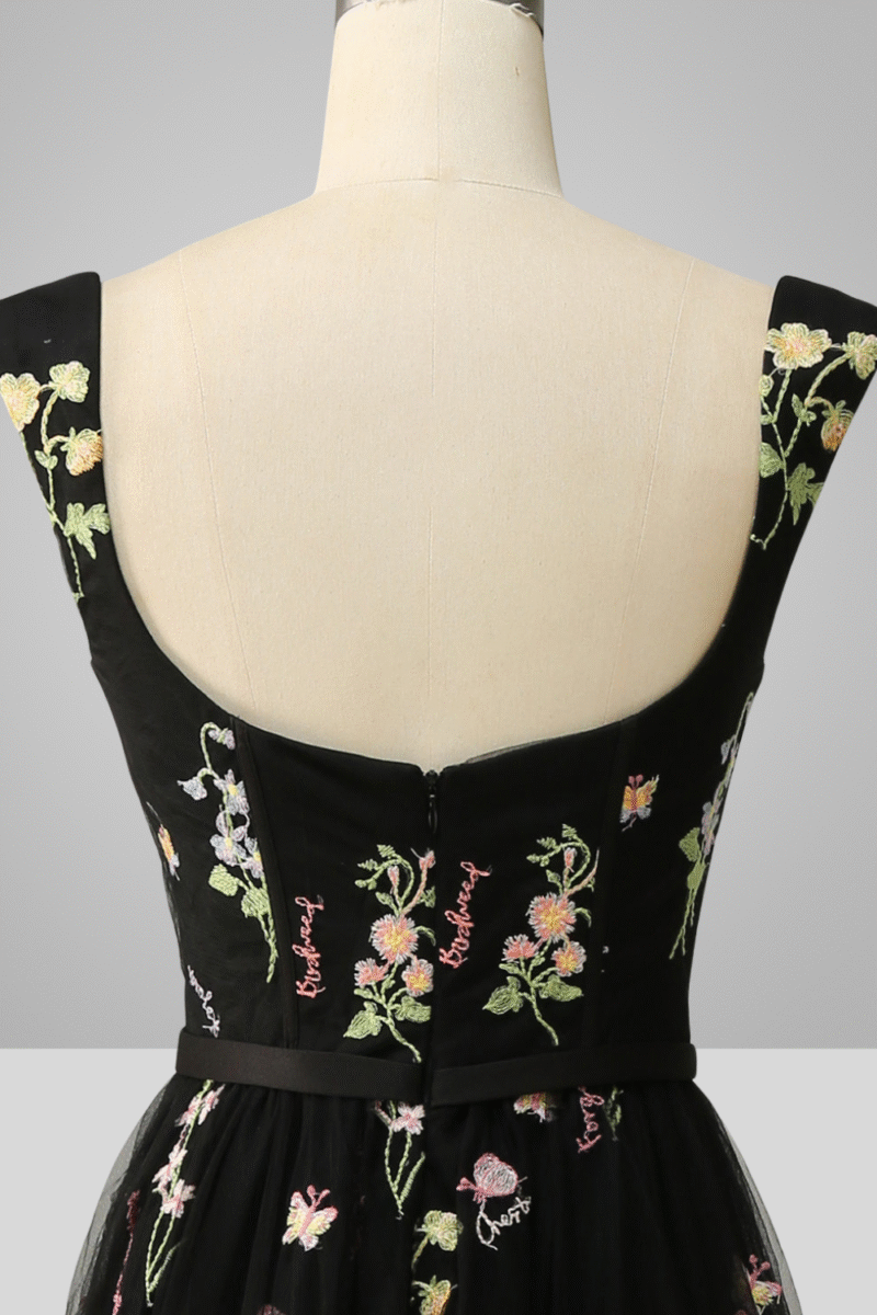 A-Line Sweetheart Black Dress with Embroidery