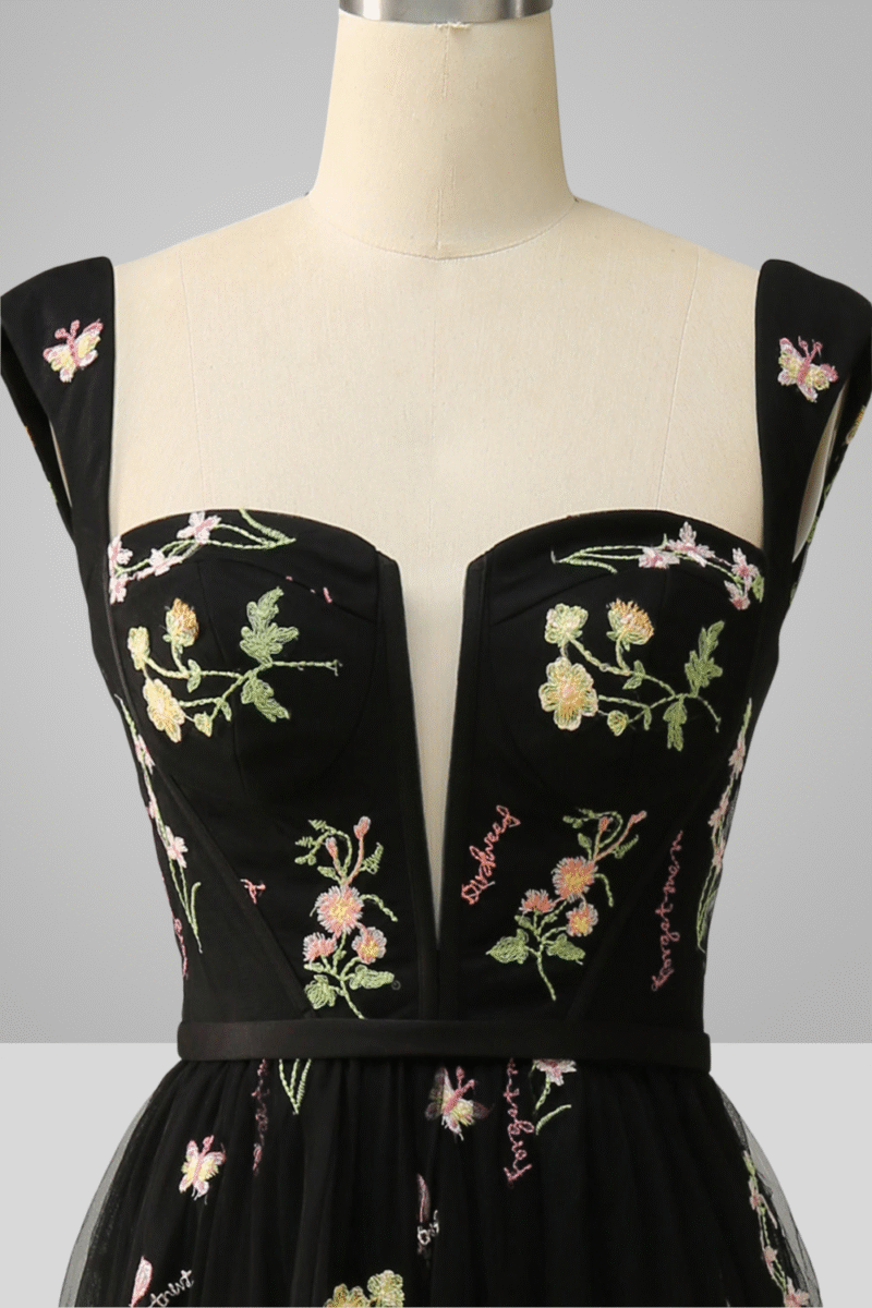 A-Line Sweetheart Black Dress with Embroidery