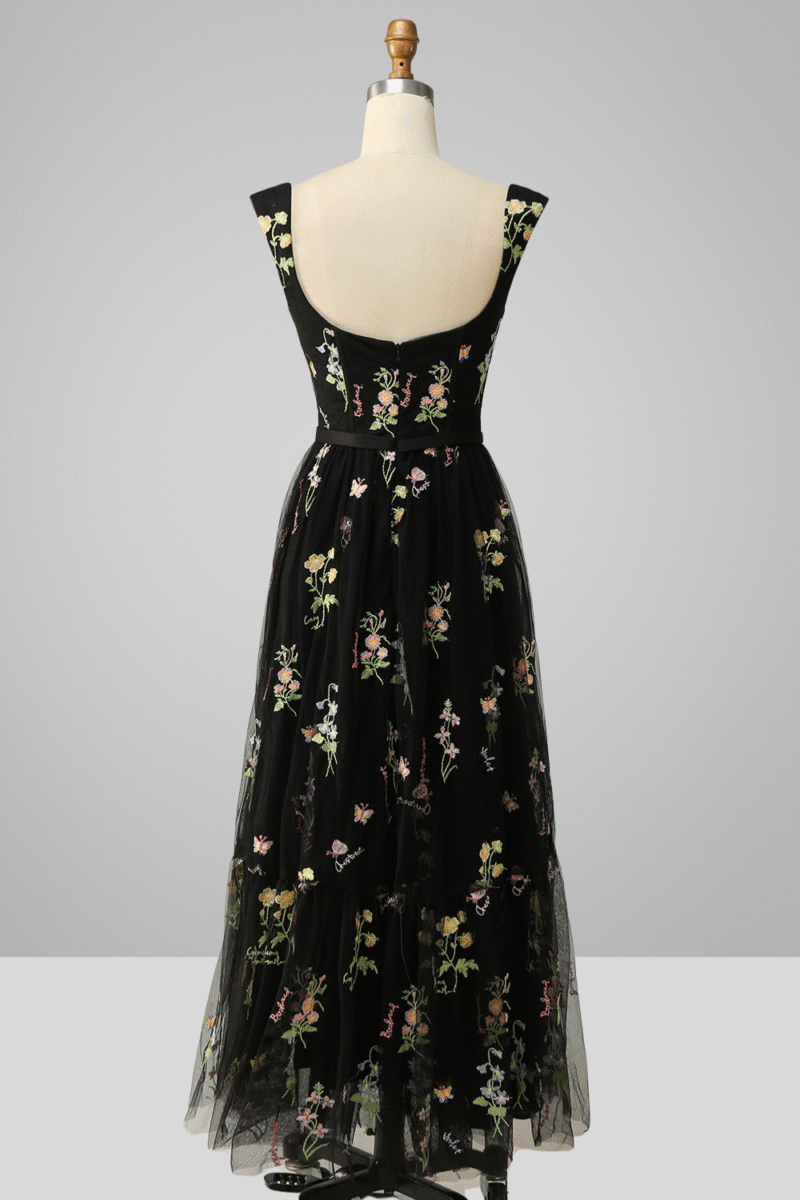 A-Line Sweetheart Black Dress with Embroidery