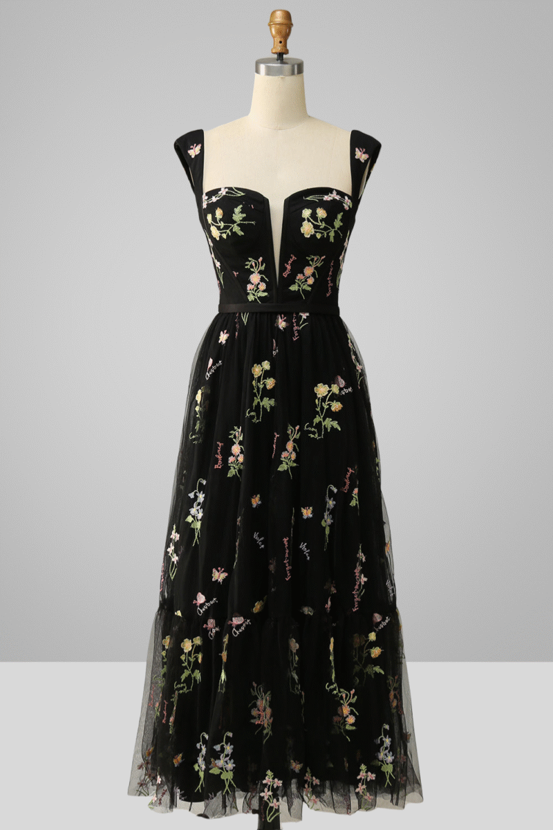 A-Line Sweetheart Black Dress with Embroidery
