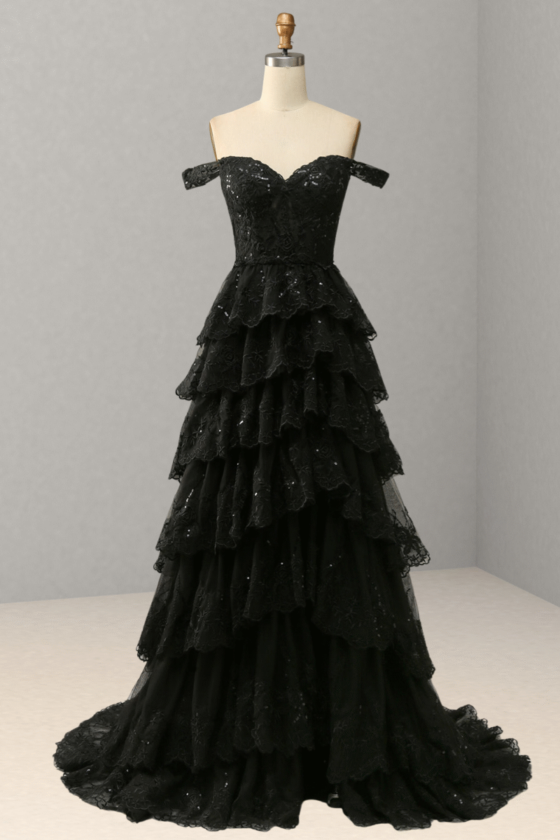 Off-the-Shoulder Black Corset Prom Dress with Slit