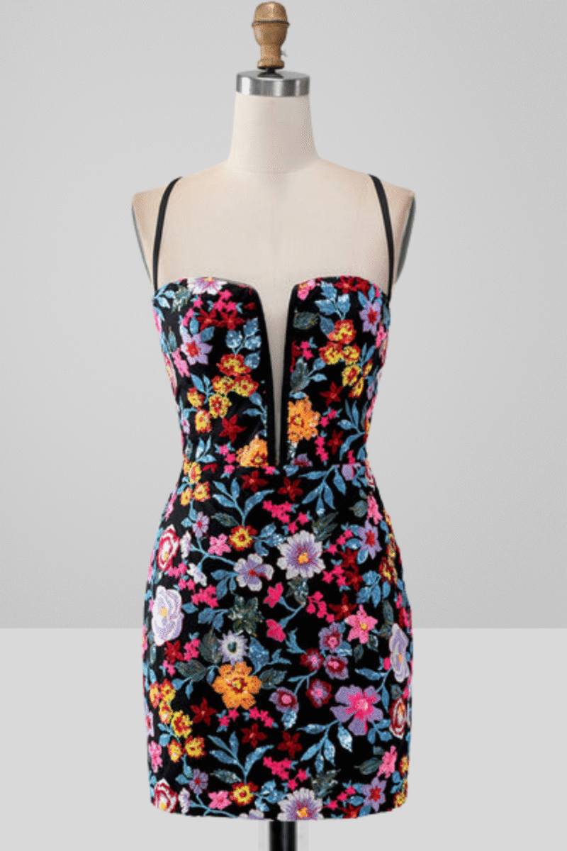 Floral Black Mermaid Spaghetti Strap Embroidered Short Dress