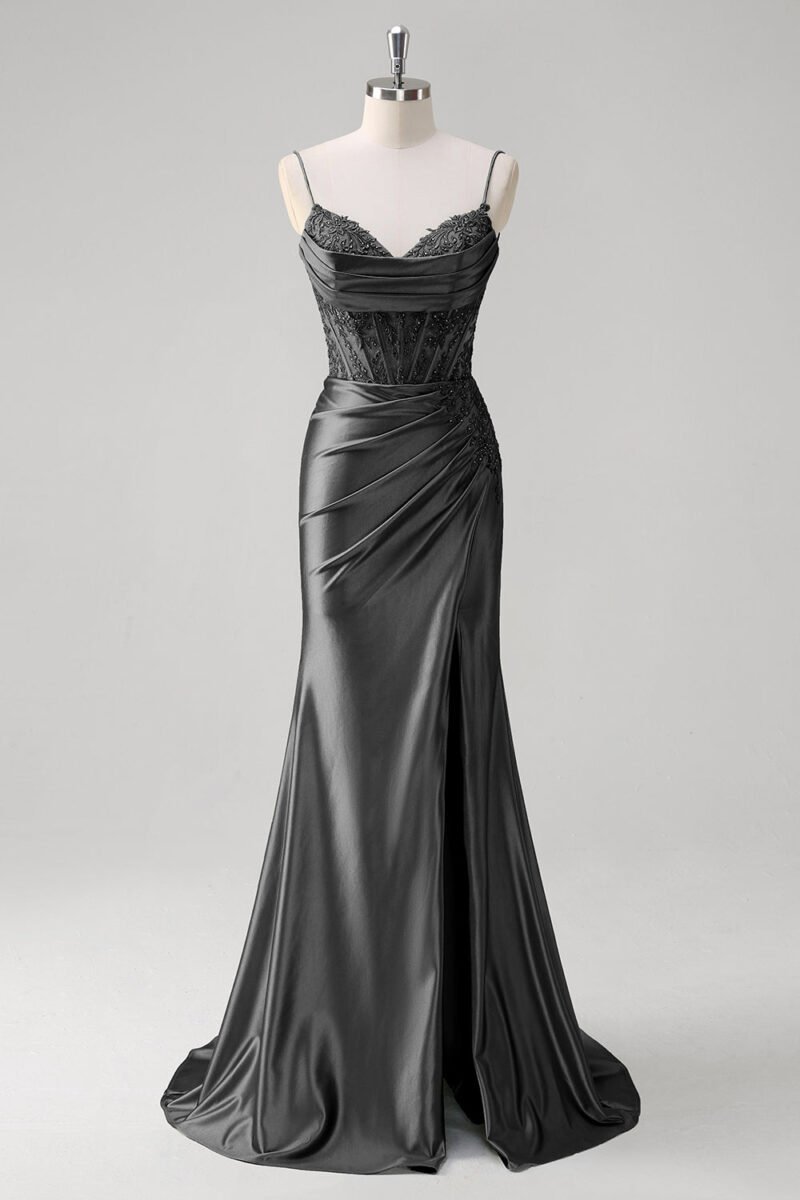 Black Spaghetti Strap Pleated Corset Prom Dress – Elegant Evening Gown