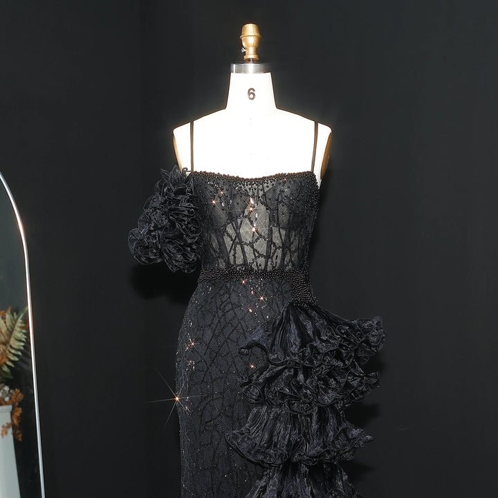 White Mermaid Evening Dress – Spaghetti Straps with Tiered Ruffles