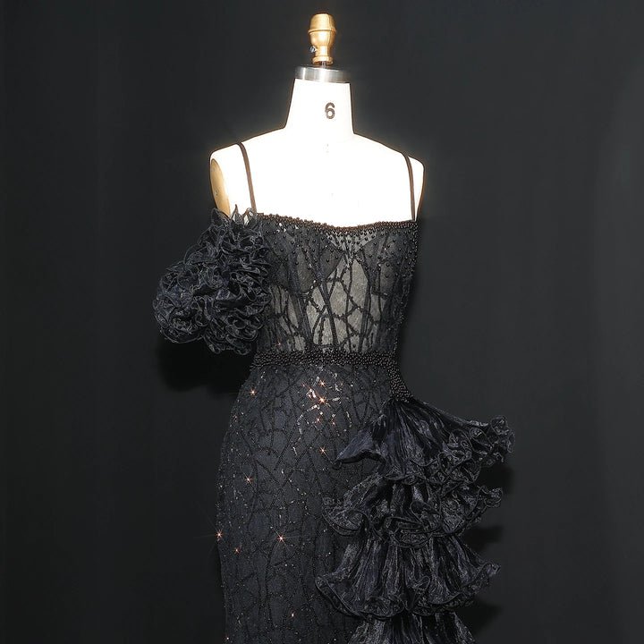 White Mermaid Evening Dress – Spaghetti Straps with Tiered Ruffles