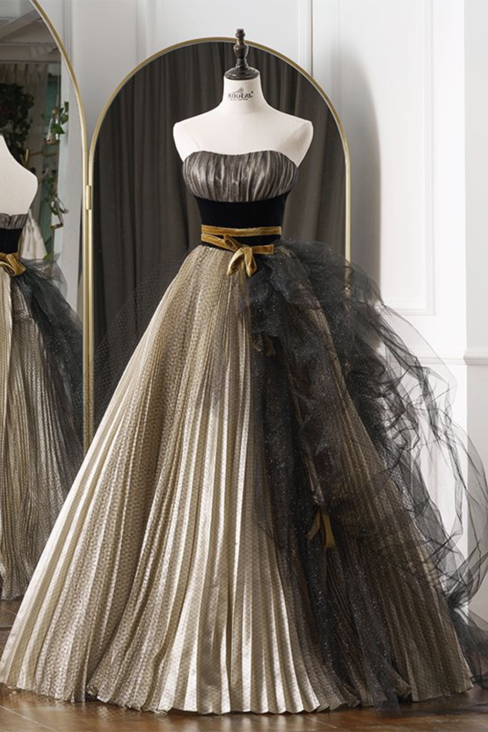 Luxury Black & Gold Strapless Ball Gown with Black Net