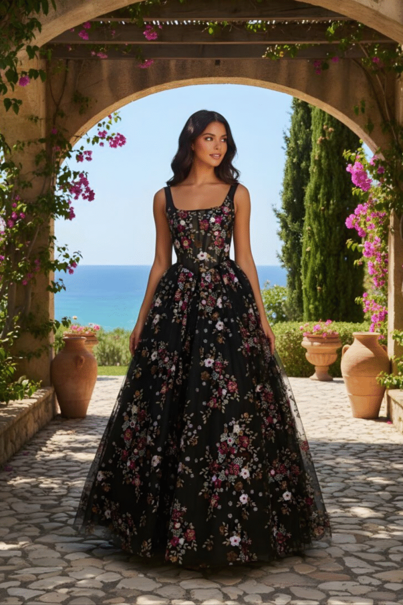 Black Floral A-Line Pleated Long Prom Dress with Square Neck and Appliques