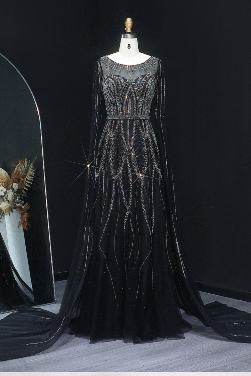 Elegant Black Luxury Beaded Evening Dress with Cape Sleeves