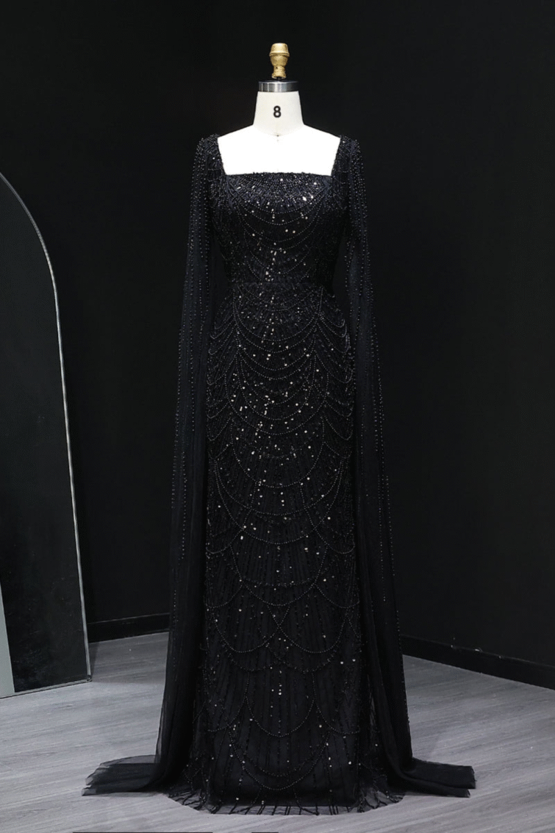 Black Beaded Mermaid Evening Dress with Cape Sleeves