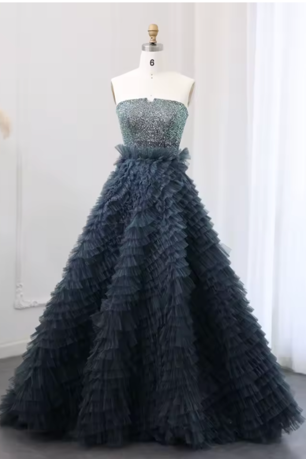 Grey-Blue Sequin Strapless Ruffled Ball Gown Dress