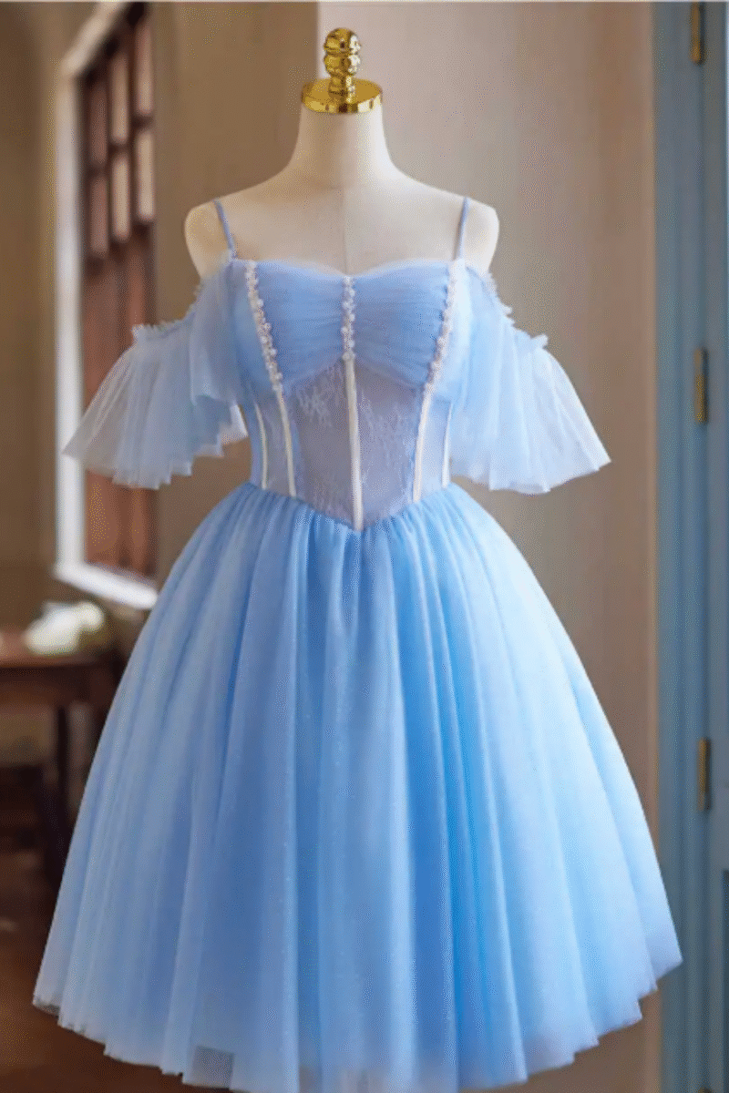 Blue Lace A-Line Short Prom Dress with Spaghetti Straps, Pearls & Ruffles