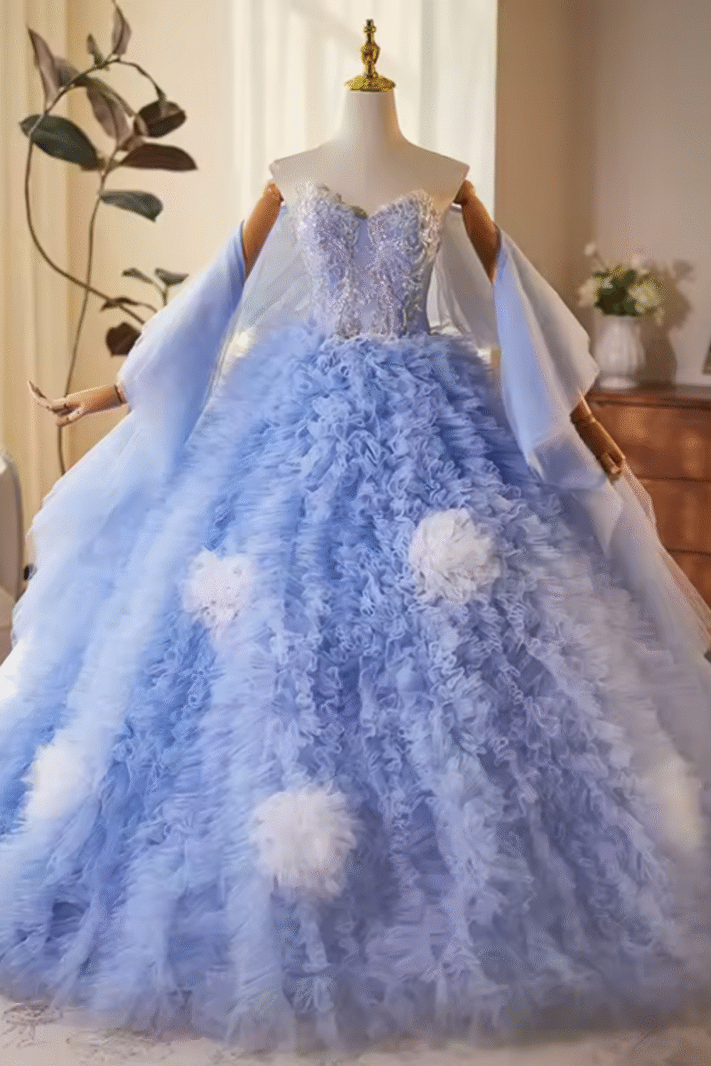 Blue Sequined Applique Ruched Princess Evening Party Gown