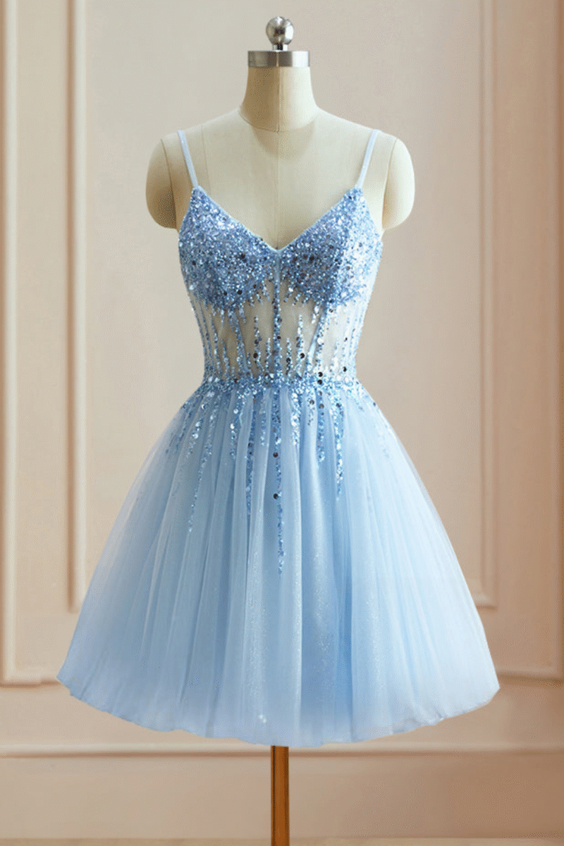 Blue Tulle Short Sparkly Beaded Prom Dress