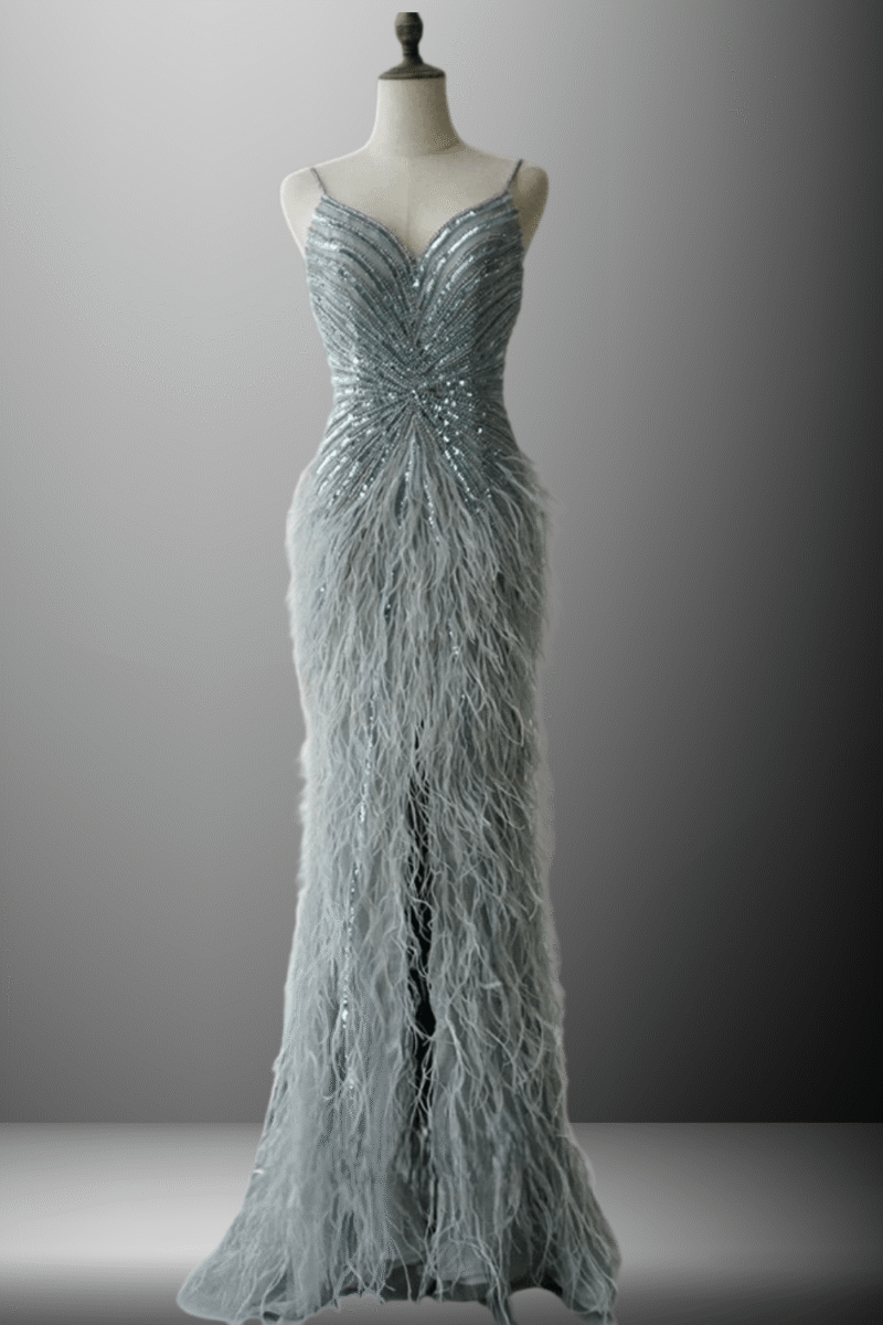 Grey Feather Sequin Dress with Slit & Spaghetti Straps