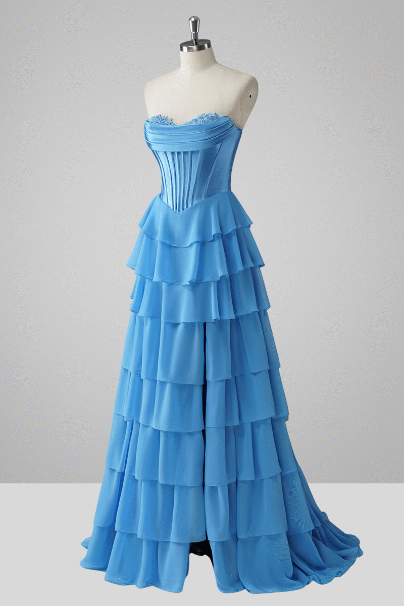 Blue Tiered A-Line Prom Dress with Slit