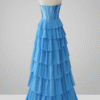 Blue Tiered A-Line Prom Dress with Slit