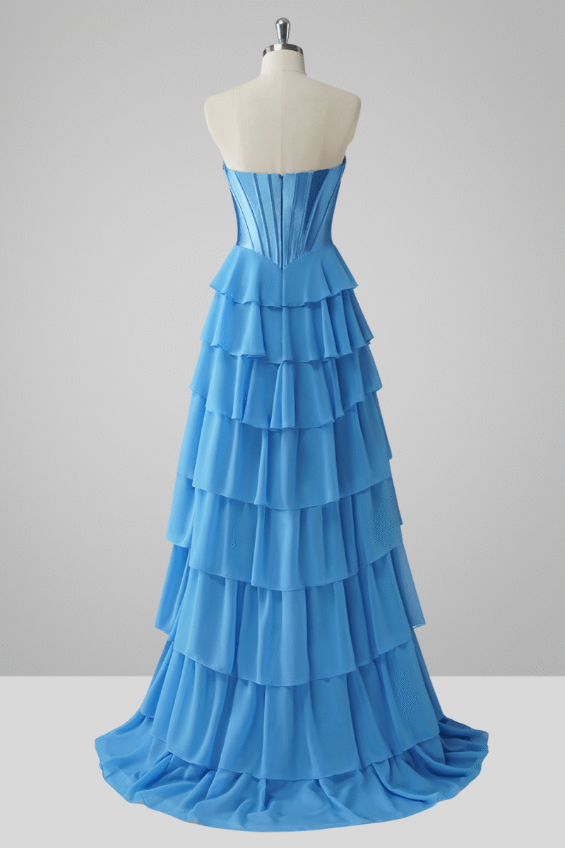 Blue Tiered A-Line Prom Dress with Slit