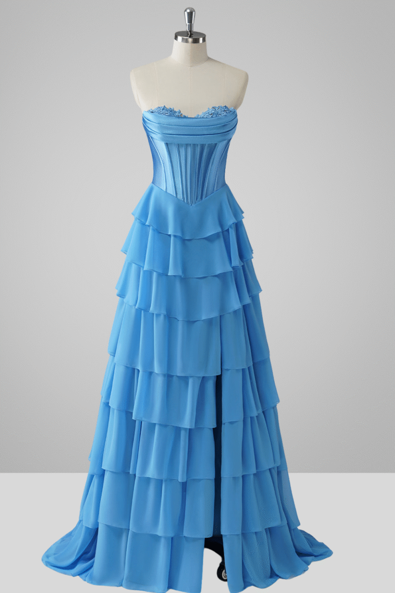 Blue Tiered A-Line Prom Dress with Slit