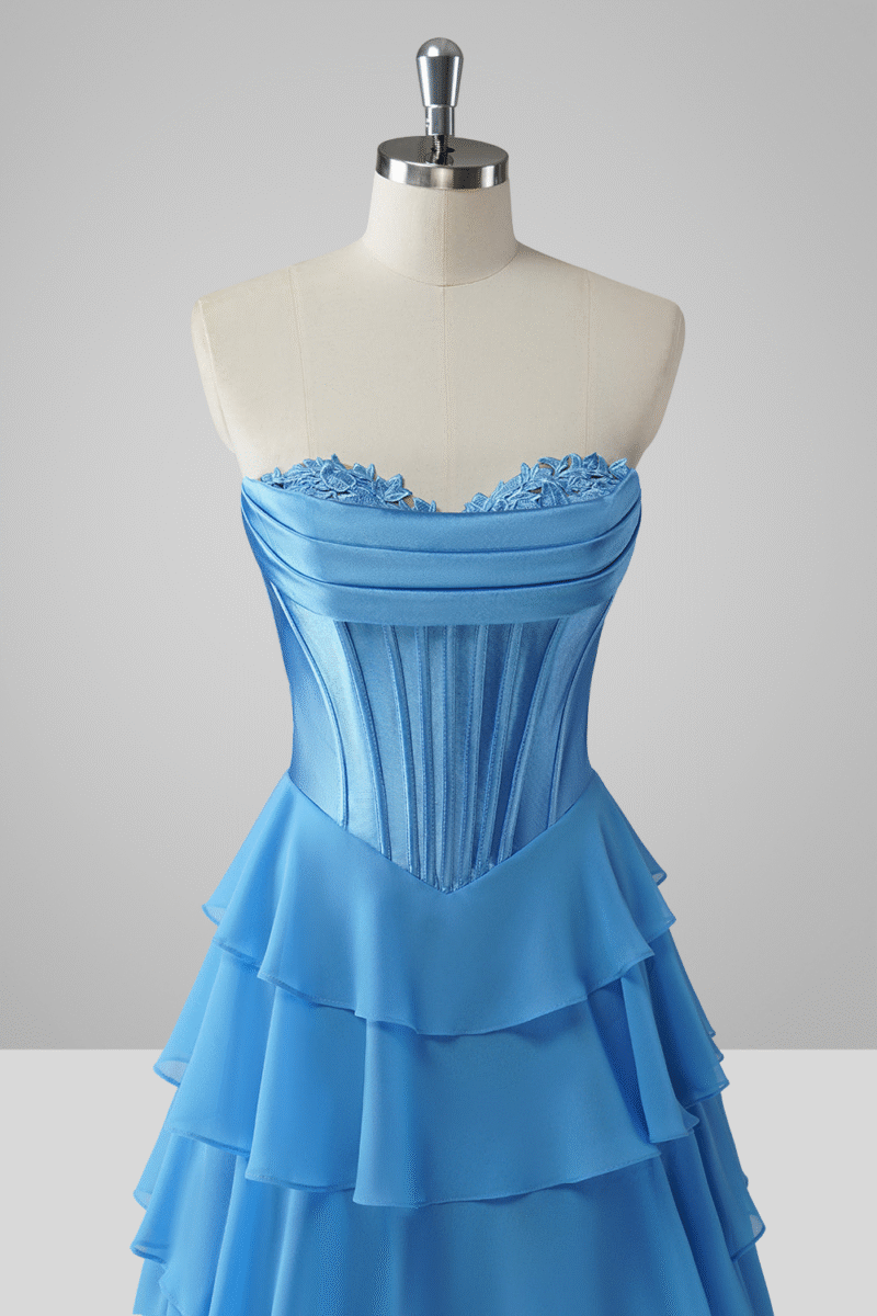 Blue Tiered A-Line Prom Dress with Slit