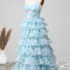 Blue Tiered Floral Print Prom Dress with Spaghetti Straps