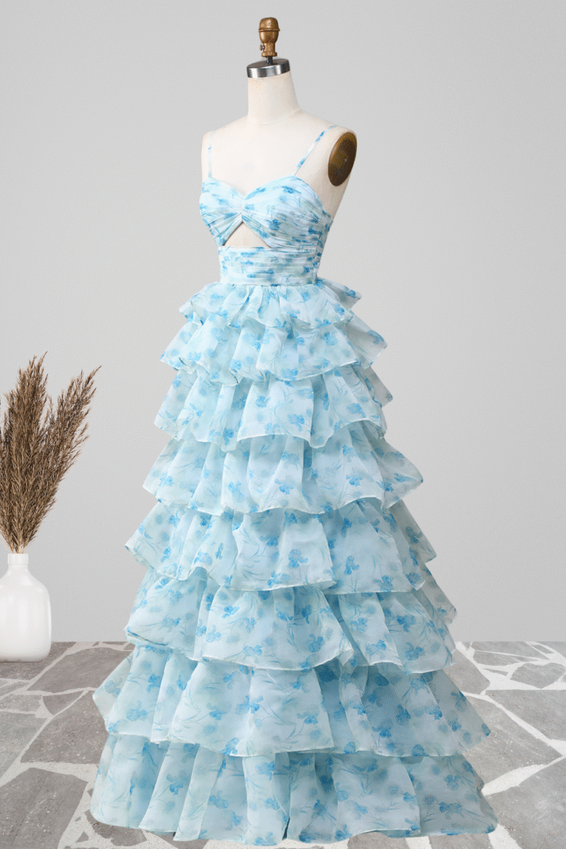 Blue Tiered Floral Print Prom Dress with Spaghetti Straps