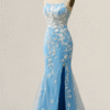 Blue Mermaid Spaghetti Strap Prom Dress with Appliques