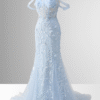 Blue Off-the-Shoulder Mermaid Prom Dress with Floral Appliques