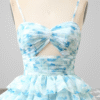 Blue Tiered Floral Print Prom Dress with Spaghetti Straps