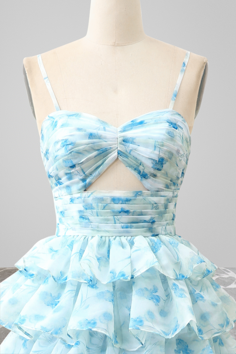 Blue Tiered Floral Print Prom Dress with Spaghetti Straps