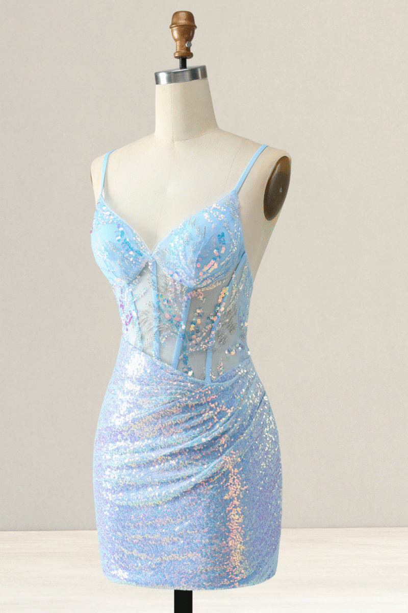 Sparkly Lilac Spaghetti Strap Short Homecoming Dress with Sequins