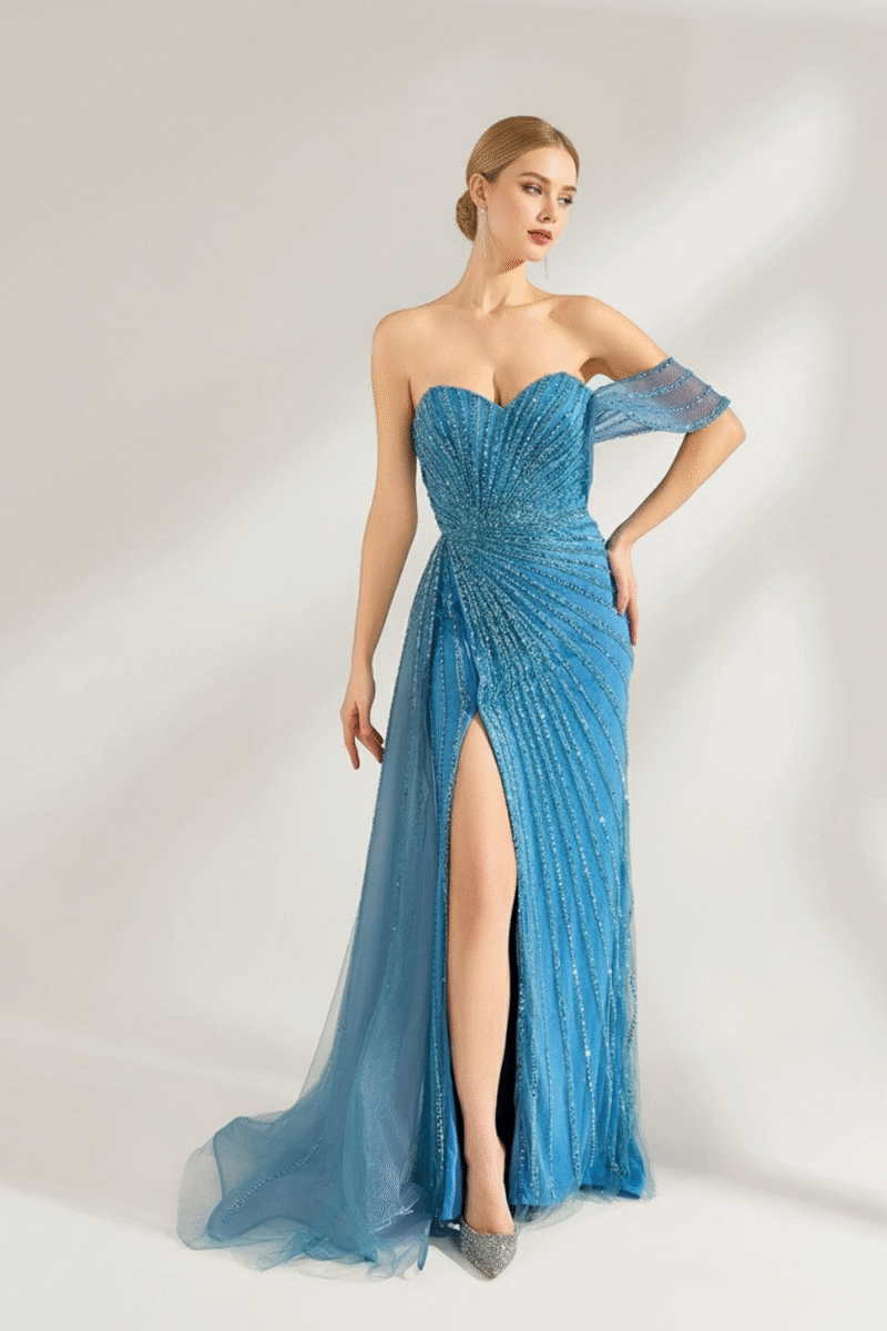 Soft Pink Sweetheart Diamond Beaded Neck Corset Split Evening Dress