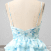 Blue Tiered Floral Print Prom Dress with Spaghetti Straps