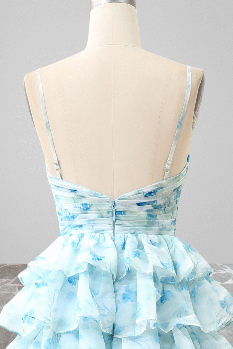 Blue Tiered Floral Print Prom Dress with Spaghetti Straps