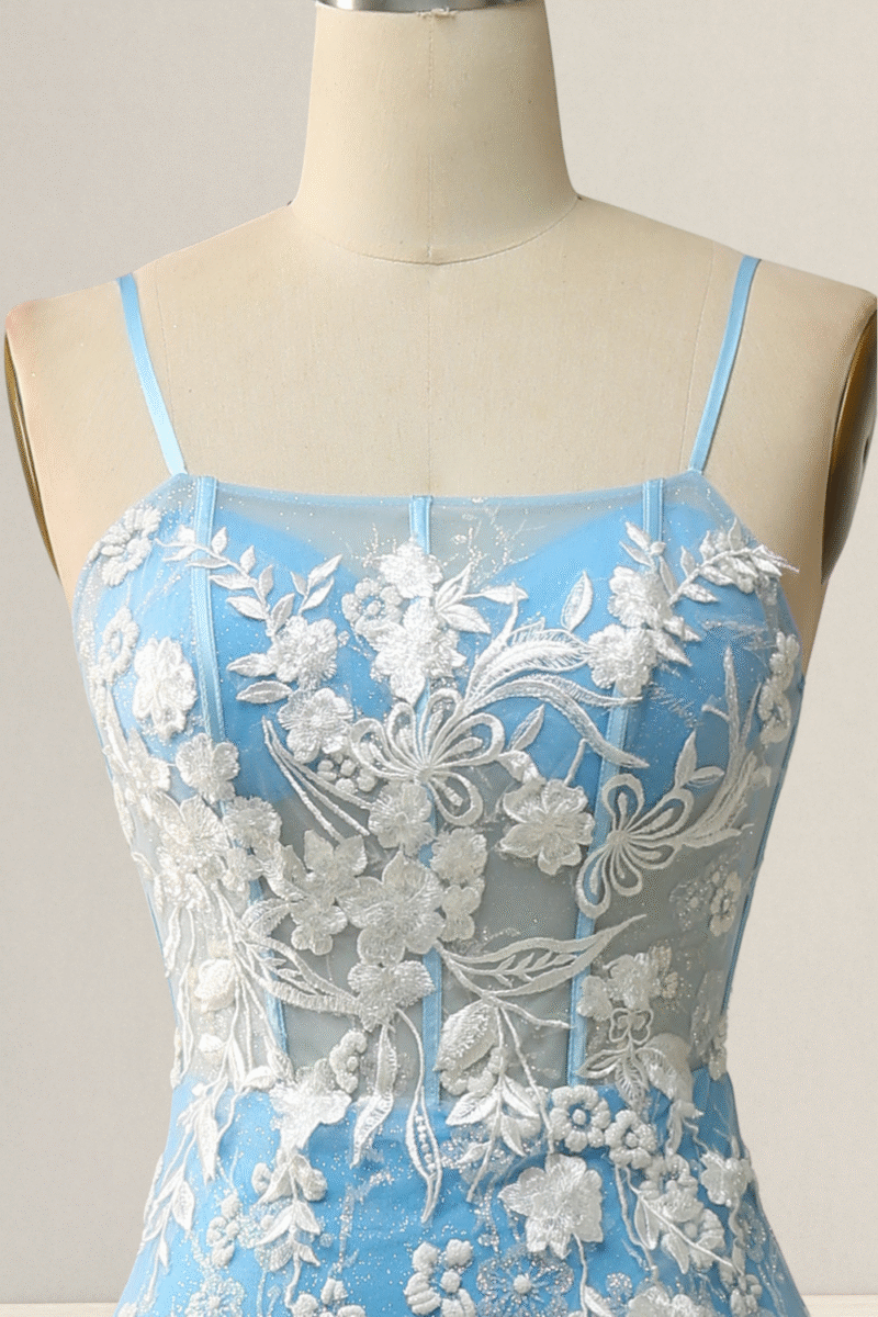 Blue Mermaid Spaghetti Strap Prom Dress with Appliques