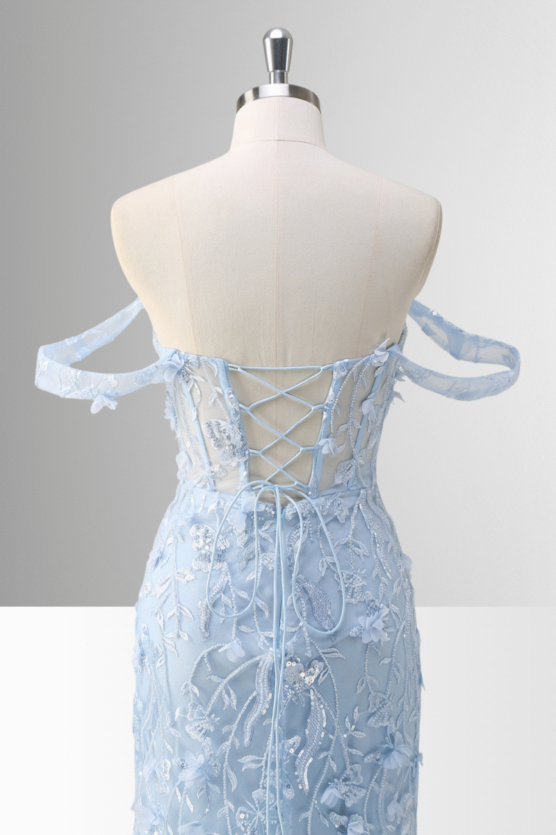 Blue Off-the-Shoulder Mermaid Prom Dress with Floral Appliques