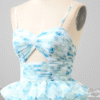 Blue Tiered Floral Print Prom Dress with Spaghetti Straps